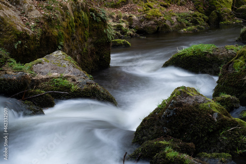 smooth motion of wild water in a river in summer with rocks and stones in the beautiful nature of a forest - triebtal