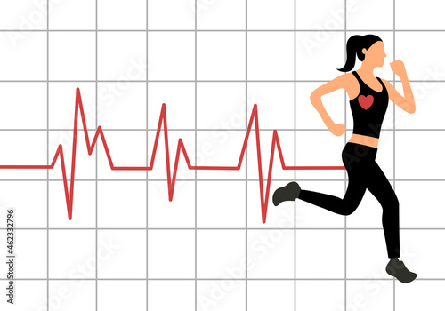 Running woman with heartbeat electrocardiogram on background. Heart pulse rate.