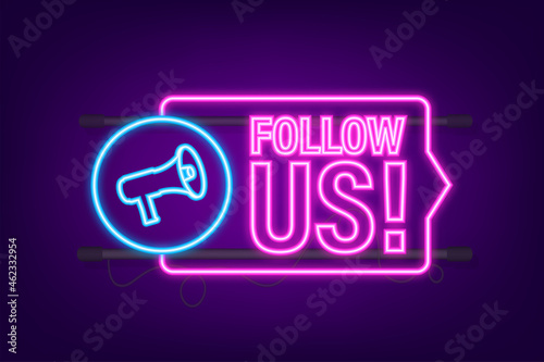 Button Follow us on dark background. Neon icon. Vector illustration