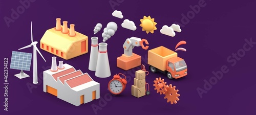 Industrial factory and production line isometric network on a purple background.-3d rendering.