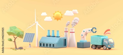 Industrial factory and production line isometric network on a yellow background.-3d rendering.