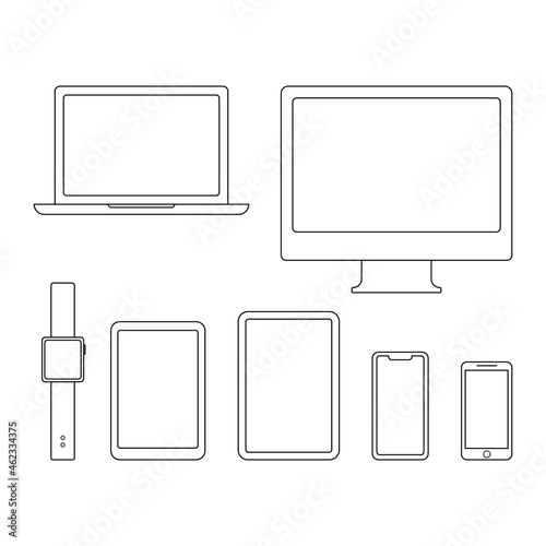 set of apple Phone, tablet, computer Icon vector Line on white background image for web, presentation, logo, Icon Symbol. 