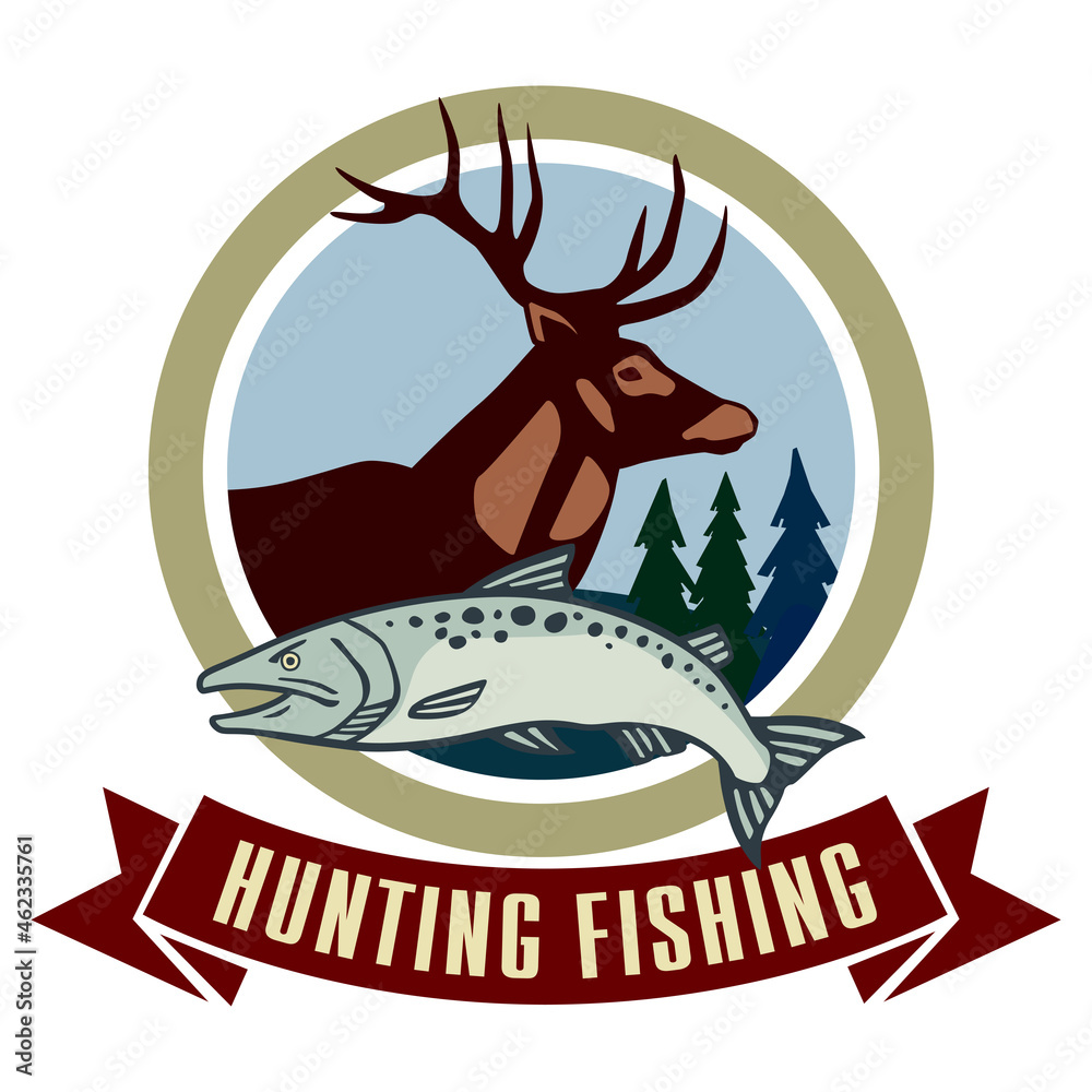 Fishing hunting logo. Deer and fish in a circle. The emblem for the hunting  club. Vector graphics Stock Vector