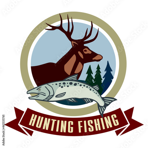 Fishing hunting logo. Deer and fish in a circle. The emblem for the hunting club. Vector graphics