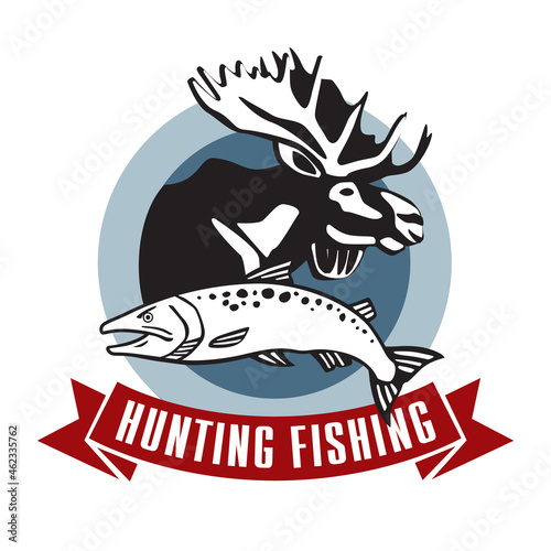 Fishing hunting logo. Elk and fish in a circle. The emblem for the hunting club. Vector graphics