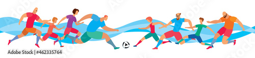 Folk football. Two teams run towards each other for the ball. Men, women and children play football. Stylish graphics