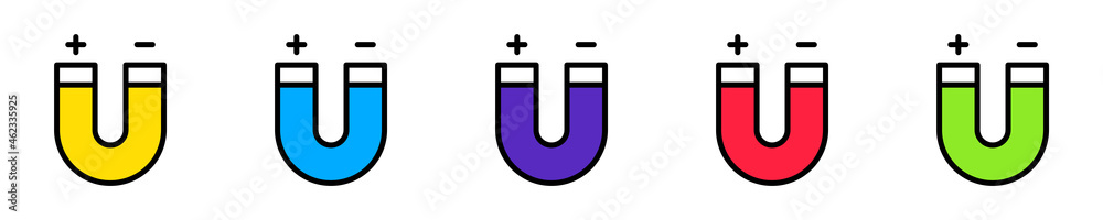 Conjunto de icono de imán con signos de más y menos. Concepto de magnetismo. Ilustración vectorial, estilo de colores Conjunto de icono de imán con signos de más y menos. Concepto de magnetismo. Ilustración vectorial, estilo de colores