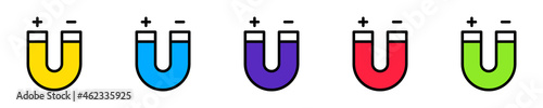 Conjunto de icono de imán con signos de más y menos. Concepto de magnetismo. Ilustración vectorial, estilo de colores photo