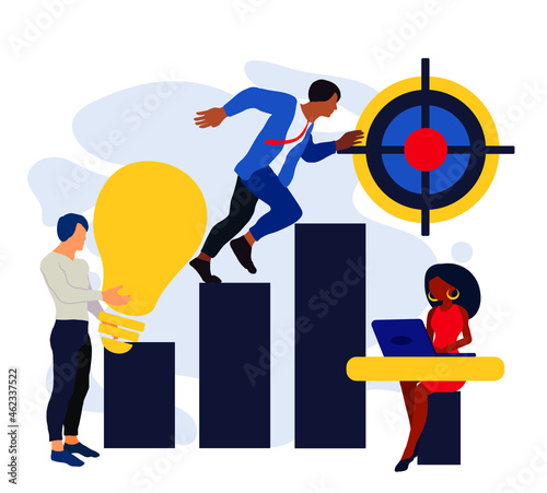 Flat design with people. Business concept vector illustration, rocket and target, hit the target, goal achievement. FOCUS - business concept background. Stay focused. Aim to target and purpose. 