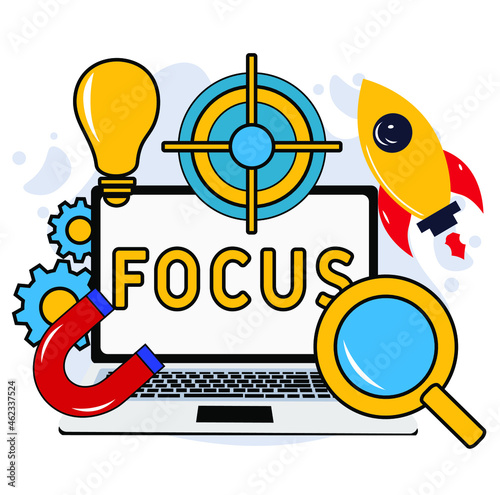 Business concept vector illustration, rocket and target, hit the target, goal achievement. FOCUS - business concept background. Stay focused. Workplace with laptop. Aim to target and purpose. 