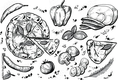 Black and white hand drawn illustration set of pizza. Italian food set.