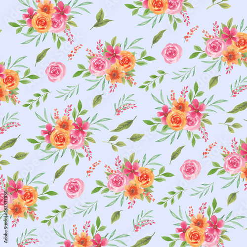 Watercolor seamless pattern spring pink and orange florals