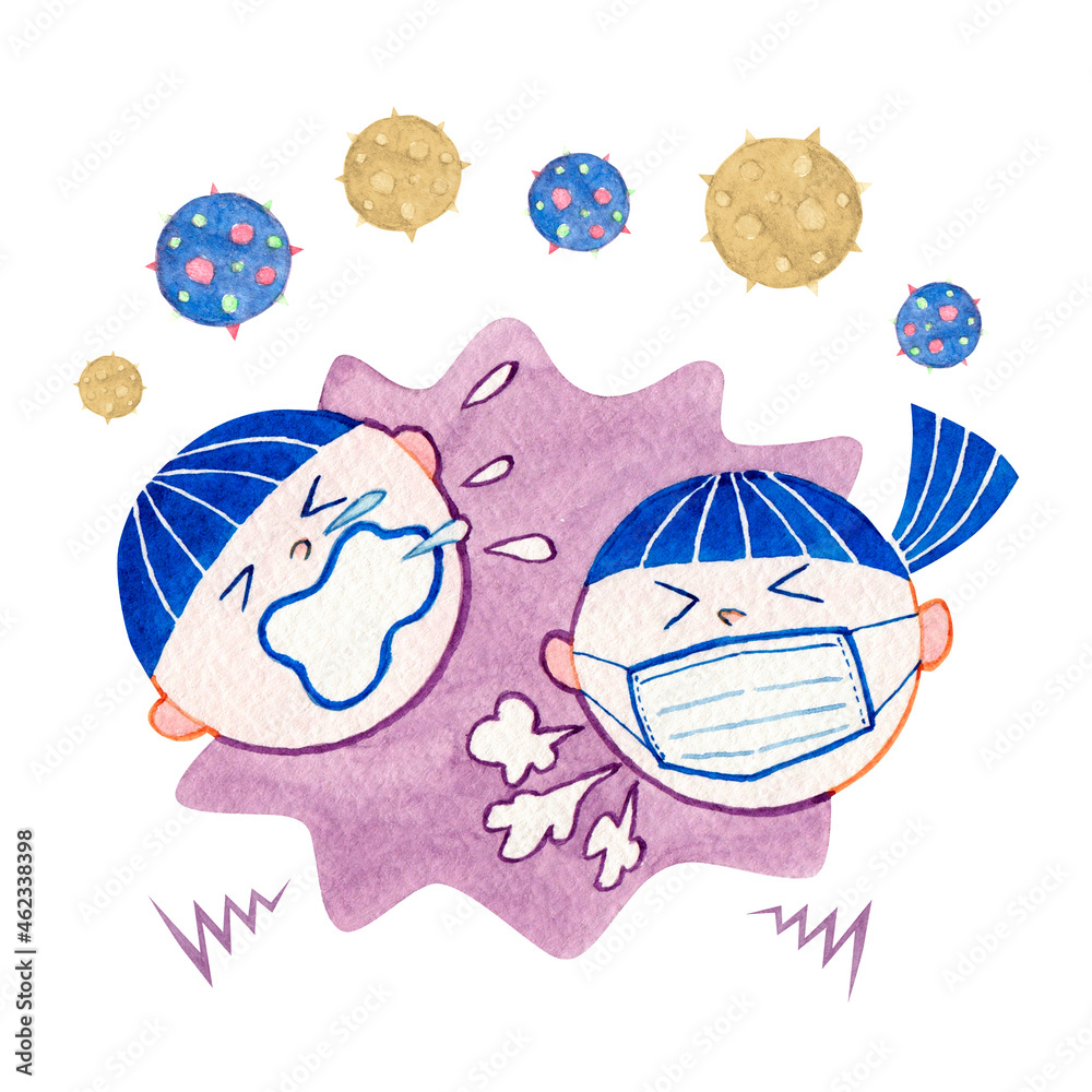 人物 子供 女の子 男の子 咳 くしゃみ マスク 水彩 イラスト Stock Illustration Adobe Stock