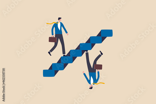 Business paradox, growth, improvement or different perspective or other side, fake or real, possible and impossible concept, ambitious businessman walk up stair while in paradox he walking down.