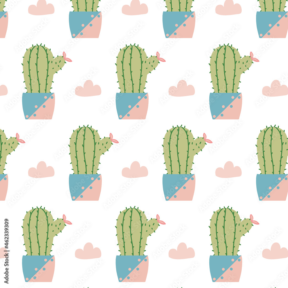 Hand-drawn seamless pattern with cactuses in pots. Pattern with blooming cacti. The pattern is suitable for wrapping paper, textiles, prints. Hand-drawn seamless pattern with cactuses in pots. Pattern with blooming cacti. The pattern is suitable for wrapping paper, textiles, prints.