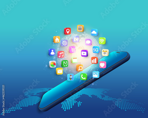 Application on Mobile, smartphone with application icons isolated on global network background as new technology and communication concept. vector illustration.