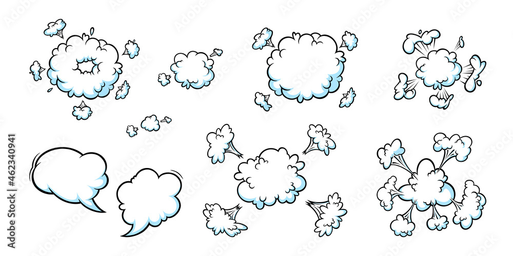 Comic explosion smoke effect. Set of boom clouds and speech bubbles for surprising and explosive events. Vector illustartion isolated in white background Comic explosion smoke effect. Set of boom clouds and speech bubbles for surprising and explosive events. Vector illustartion isolated in white background
