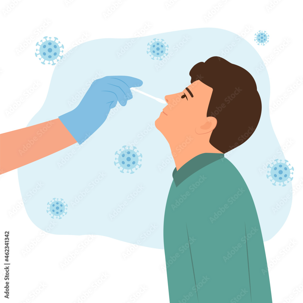Obraz premium Man receiving a covid19 coronavirus or DNA testing by medical staff, doctor or nurse.PCR test, influenza check, nasal swab laboratory test diagnosis of influenza. Flat Vector Illustration.