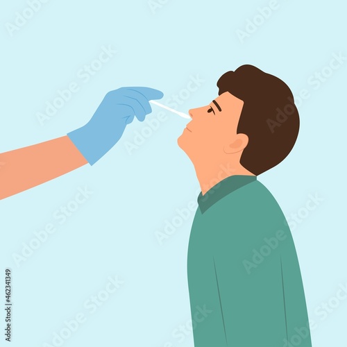 Man receiving a covid19 coronavirus or DNA testing by medical staff, doctor or nurse.PCR test, influenza check, nasal swab laboratory test diagnosis of influenza. Flat Vector Illustration.