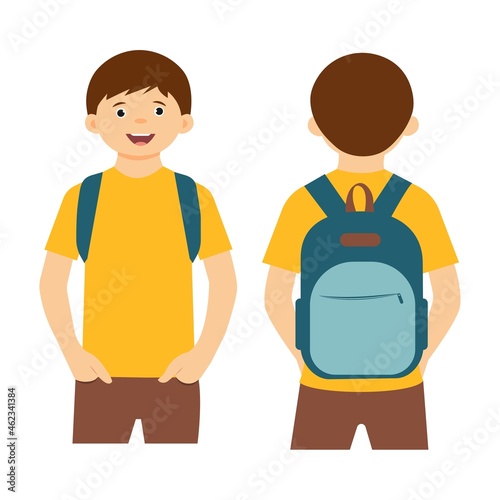 School bag. A schoolboy stands with a backpack. Front and back views.