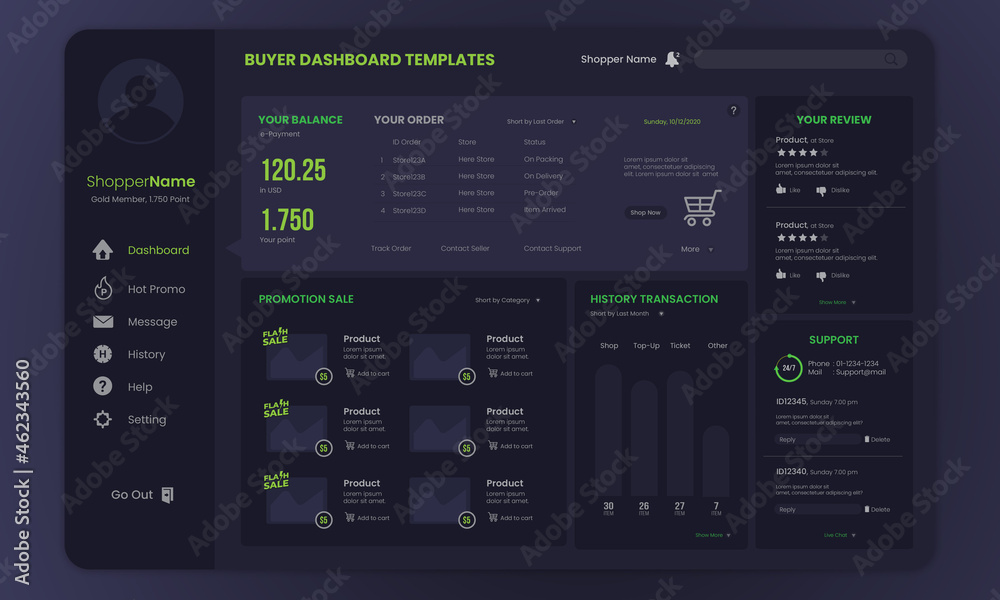 Buyer online shop dashboard dark mode template