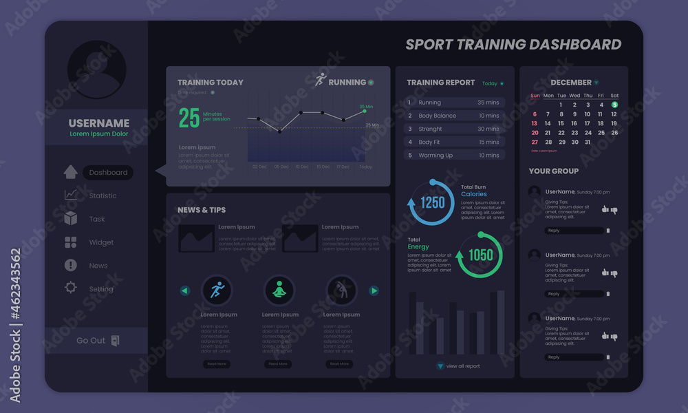 Sport training dashboard with dark mode template