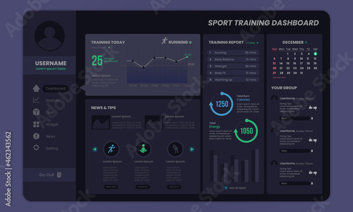 Sport training dashboard with dark mode template