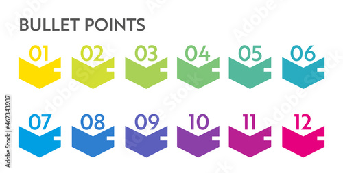 Bullet points numbers. Colorful list markers from 1 to 12. Vector design elements set for modern infographic.
