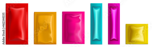 Colorful sachet, pouch bags vector mockup, wet wipes, condom, salt, sugar or candy packs. Isolated blank packages for food, coffee or cosmetics samples on white background, Realistic 3d mock up, set