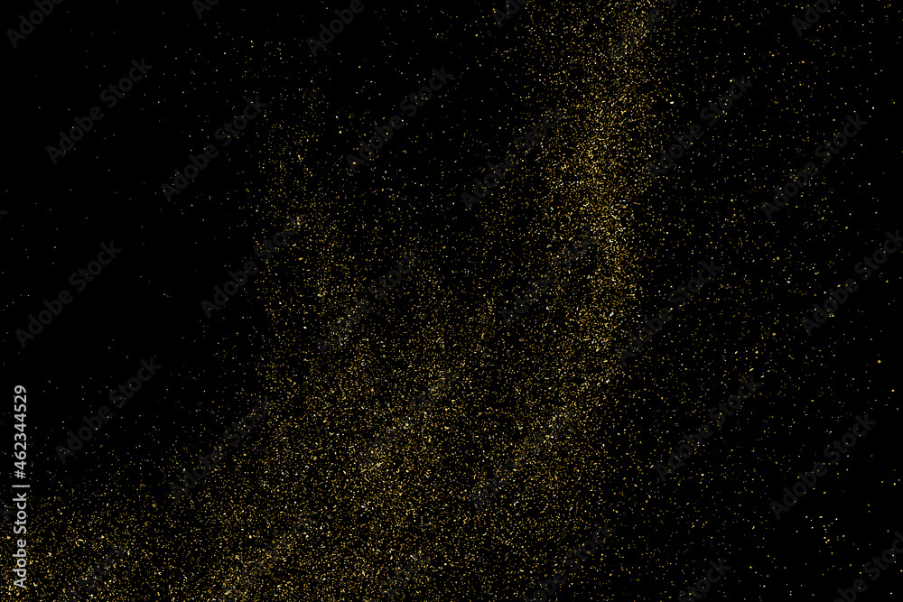 Gold Glitter Texture Isolated on Black Background. Golden stardust. Amber Particles Color. Sparkles Rain. Vector Illustration, Eps 10.