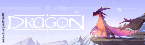 Poster with fairytale dragon on cliff in mountains. Vector banner with cartoon fantasy illustration of landscape with snow peaks and rocks and magic beast with wings on stone ledge