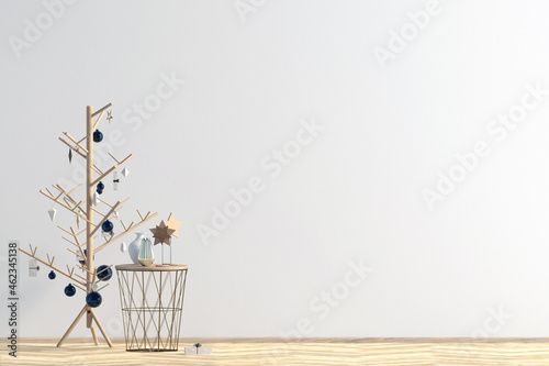 Modern Christmas interior, Scandinavian style. Wall mock up. 3D illustration