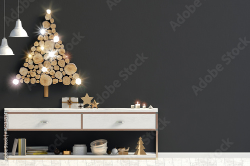 Modern Christmas interior with credenza, Scandinavian style. Wall mock up. 3D illustration