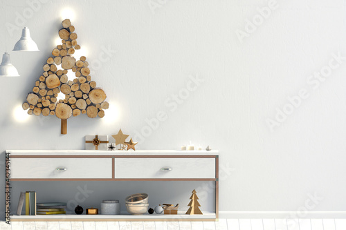 Modern Christmas interior with credenza, Scandinavian style. Wall mock up. 3D illustration