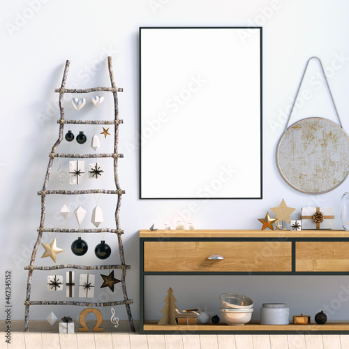 Modern Christmas interior with credenza, Scandinavian style. Poster mock up. 3D illustration