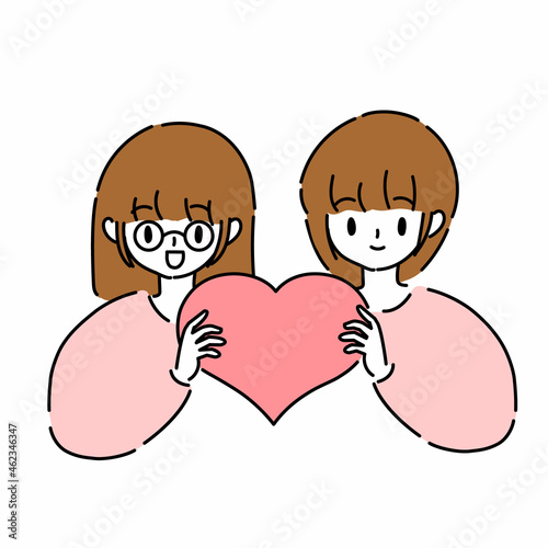 ハートを持って微笑む女性二人の上半身のイラスト