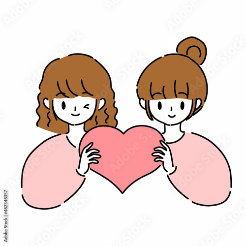 ハートを持って微笑む女性二人の上半身のイラスト