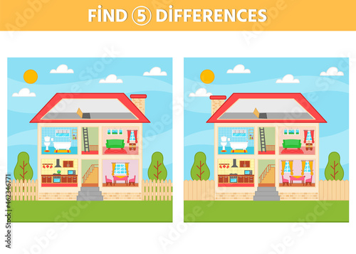 A game for children. Find 5 differences in the picture. House with rooms. A game for the development of logic and mindfulness. Vector illustration.