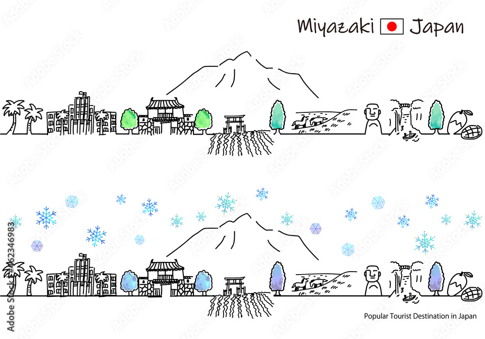 冬の宮崎県の観光地の街並みシンプル線画セット