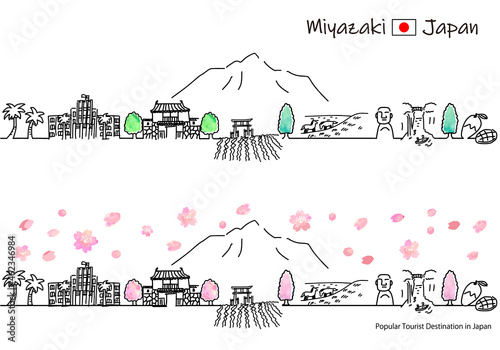 春の宮崎県の観光地の街並みシンプル線画セット