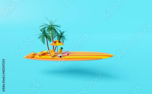 Fototapeta Naklejka Na Ścianę i Meble -  summer travel with orange suitcase,beach chair,umbrella,sunglasses,surfboard,Inflatable flamingo,palm tree,sandals,hat,camera isolated on blue background ,concept 3d illustration or 3d render