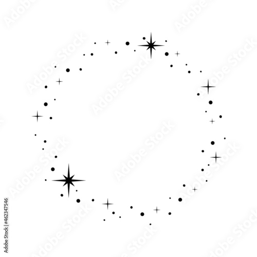 Sparkle star circle frame. Wreath round stardust border for party, birthday decor design. Laurel frame with, cosmic glitter shine. Isolated black flat vector illustration.