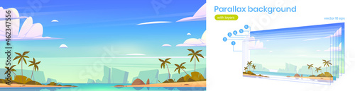 Tropical landscape with sea bay  palm trees on beach and mountains on horizon. Vector parallax background for 2d animation with cartoon summer seascape with lagoon  rocks and sand shore
