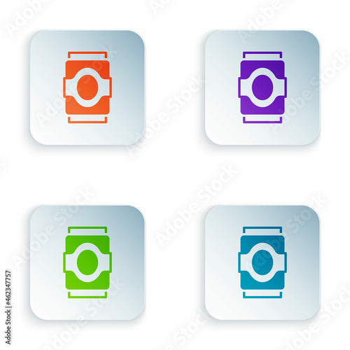 Color Soda can icon isolated on white background. Set colorful icons in square buttons. Vector