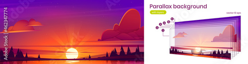 Sunset landscape with lake, sun on horizon and silhouettes of trees on coast. Vector parallax background for 2d game animation with cartoon nature scene with forest on river shore at evening