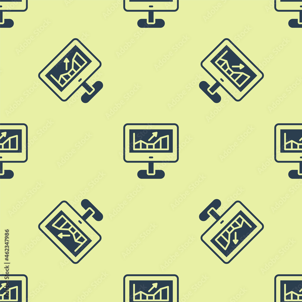Blue Computer with stocks market growth graphs and money icon isolated seamless pattern on yellow background. Monitor with stock charts arrow on screen. Vector Blue Computer with stocks market growth graphs and money icon isolated seamless pattern on yellow background. Monitor with stock charts arrow on screen. Vector
