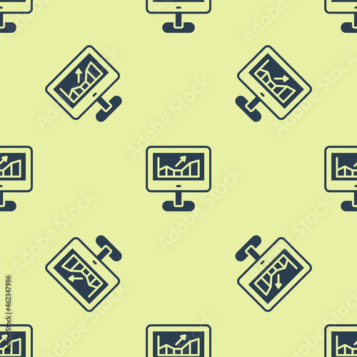 Blue Computer with stocks market growth graphs and money icon isolated seamless pattern on yellow background. Monitor with stock charts arrow on screen. Vector © Oksana