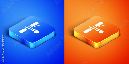 Isometric Bicycle handlebar icon isolated on blue and orange background. Square button. Vector