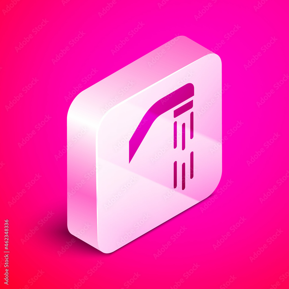 Isometric Shower head with water drops flowing icon isolated on pink background. Silver square button. Vector Isometric Shower head with water drops flowing icon isolated on pink background. Silver square button. Vector
