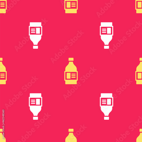 Yellow Plastic bottle for laundry detergent, bleach, dishwashing liquid or another cleaning agent icon isolated seamless pattern on red background. Vector